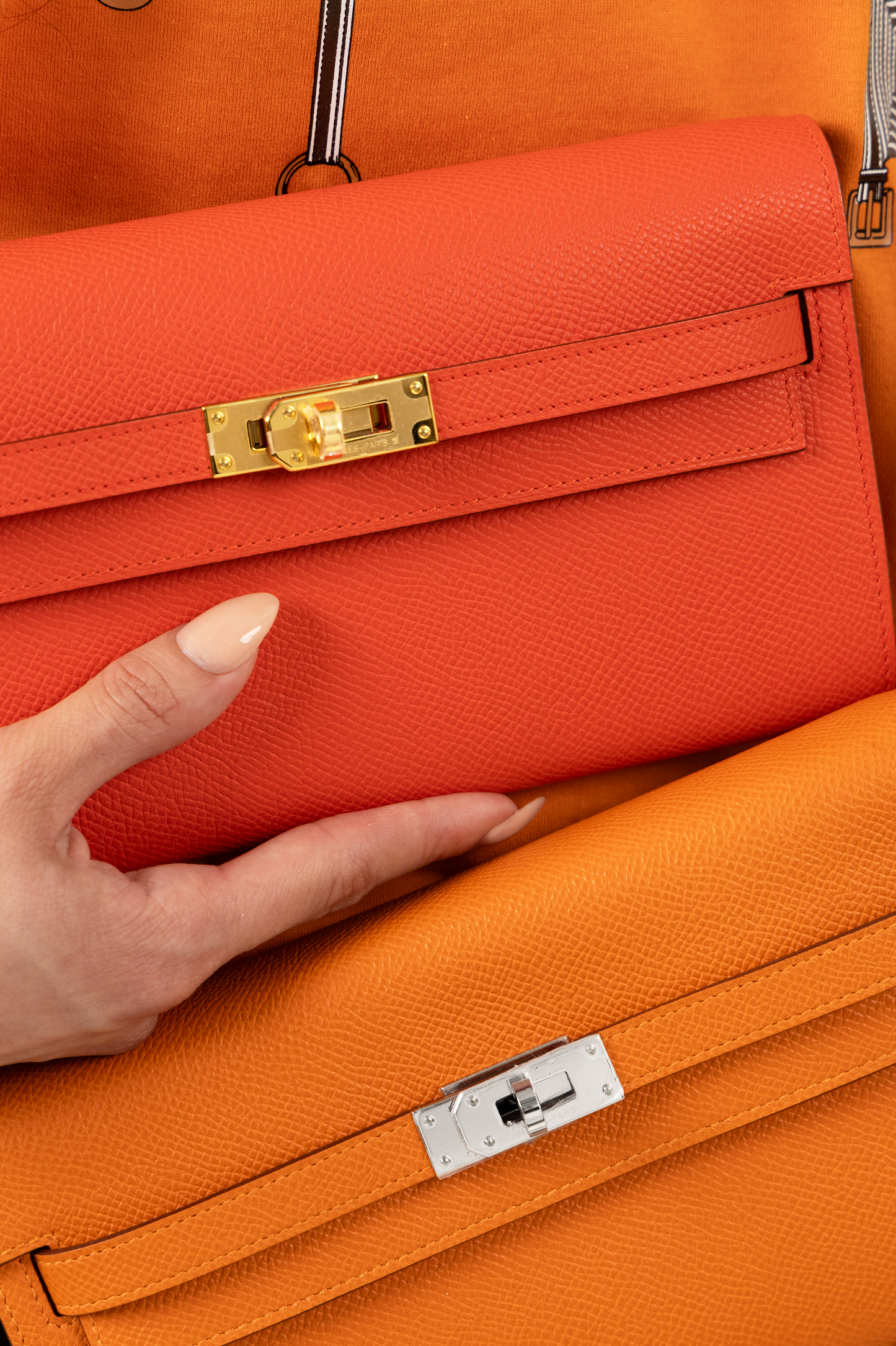 Hermès Kelly Wallet To Go Epsom in Capucine GHW & Orange PHW with Serena Jump Cap