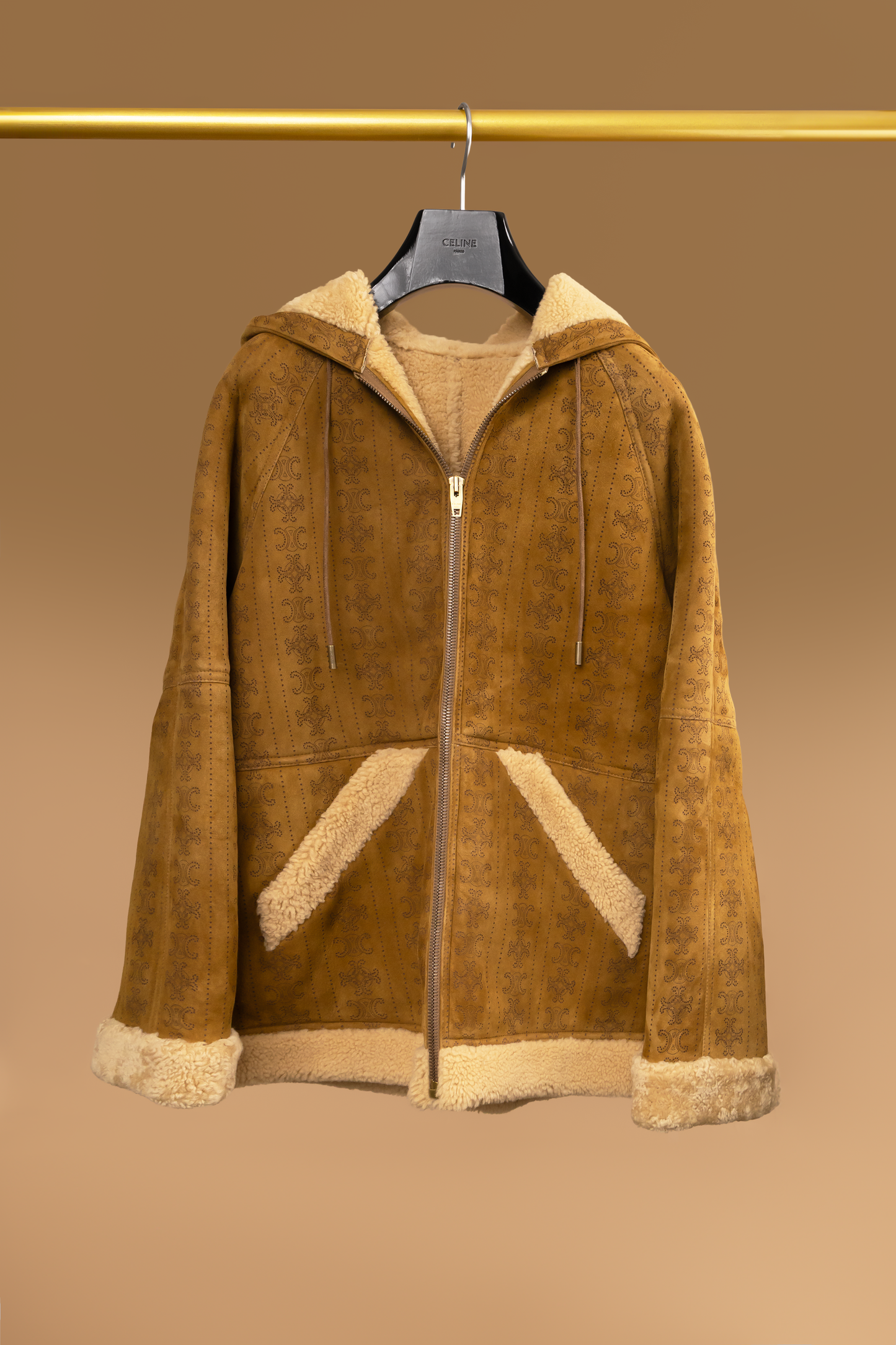 Celine Hooded Parka Coat in Triomphe Curly Lambskin