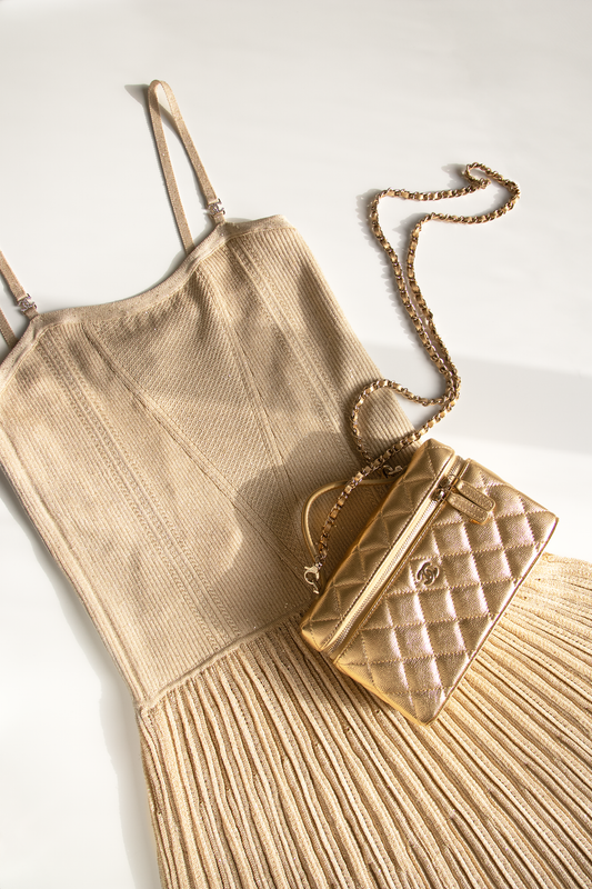 Chanel Beige Dress with Vanity Case with Chain in Gold