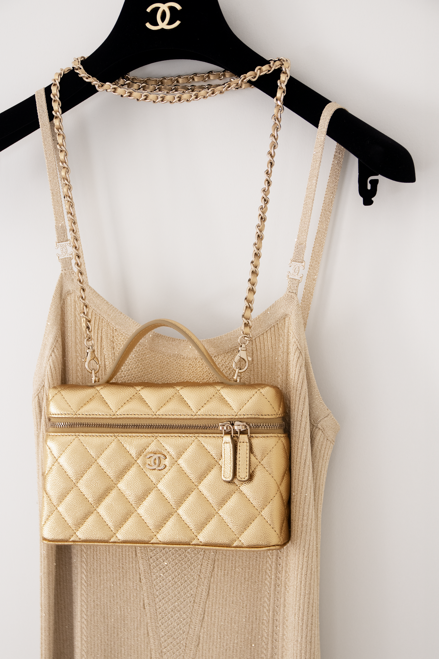 Chanel Beige Dress with Vanity Case with Chain in Gold