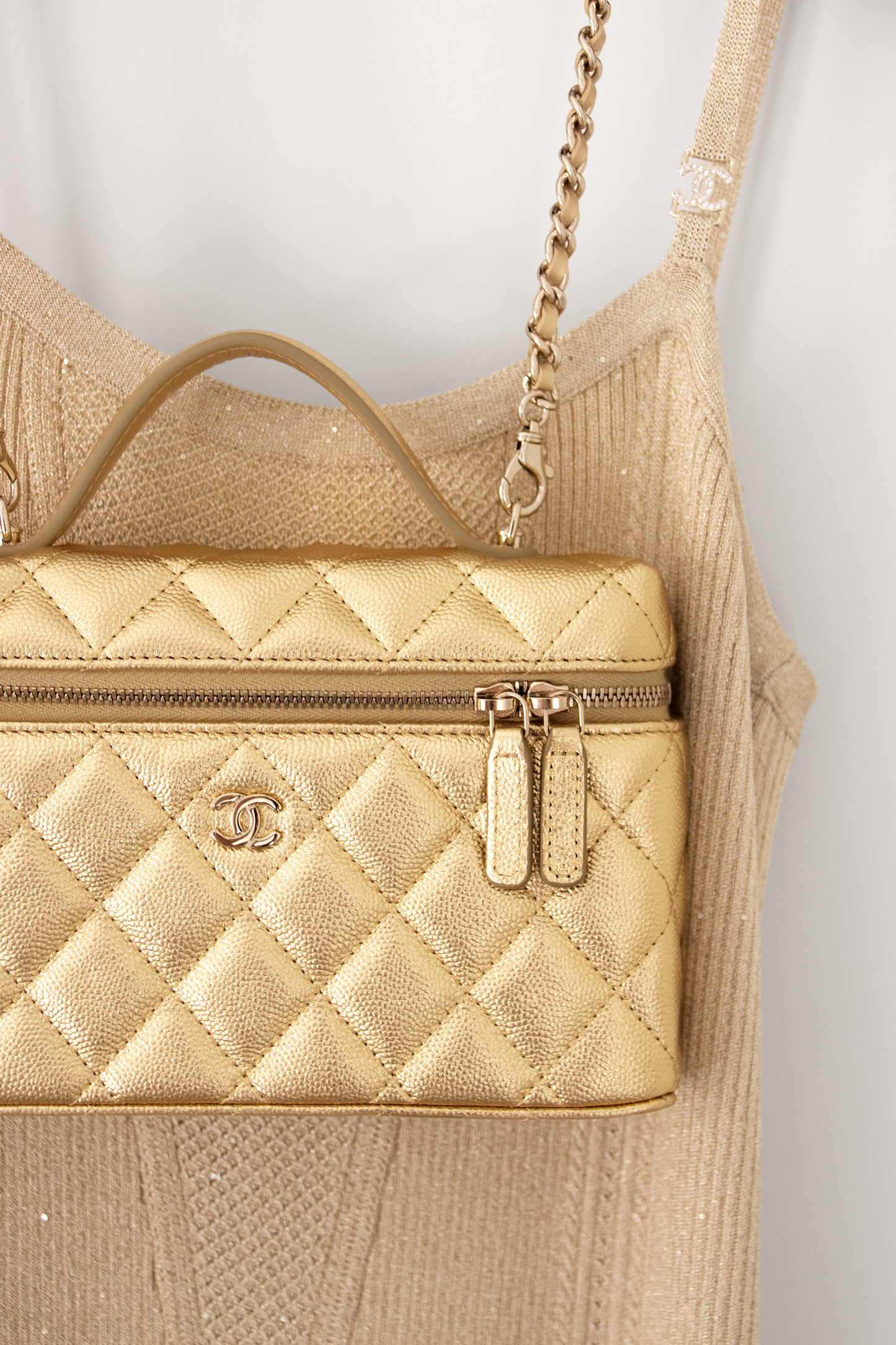 Chanel Beige Dress with Vanity Case with Chain in Gold