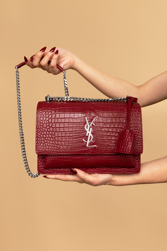 YSL Sunset Medium Burgundy Croc-Embossed Leather Bag
