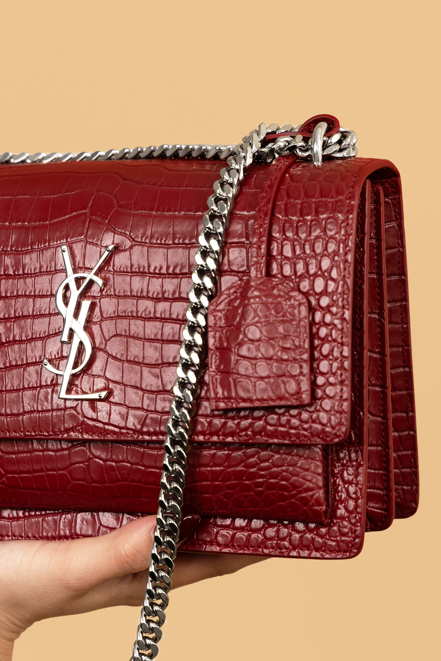 YSL Sunset Medium Burgundy Croc-Embossed Leather Bag