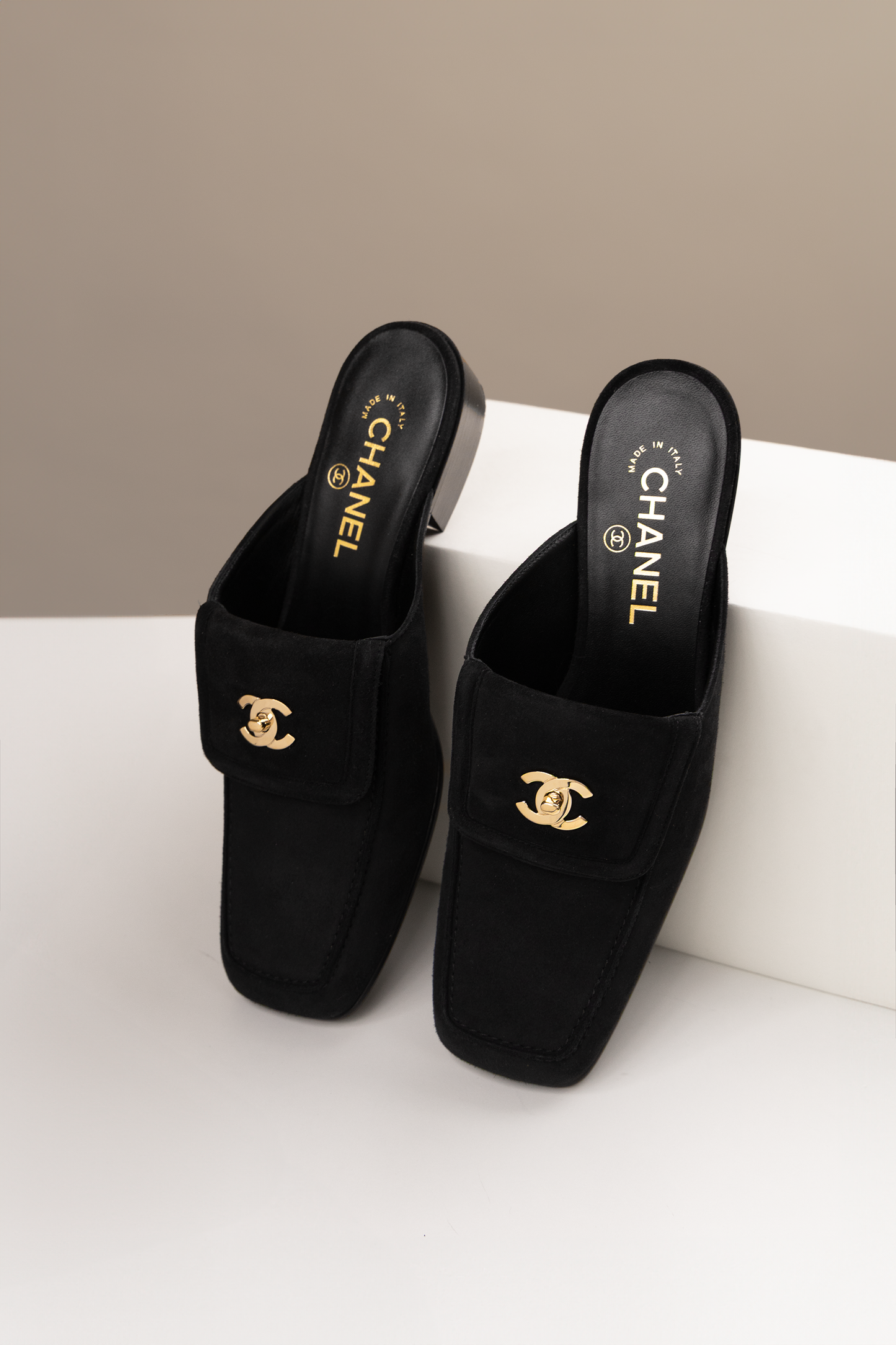 Chanel Black Suede Mules