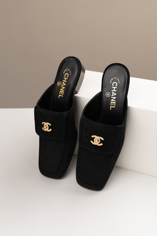 Chanel Black Suede Mules
