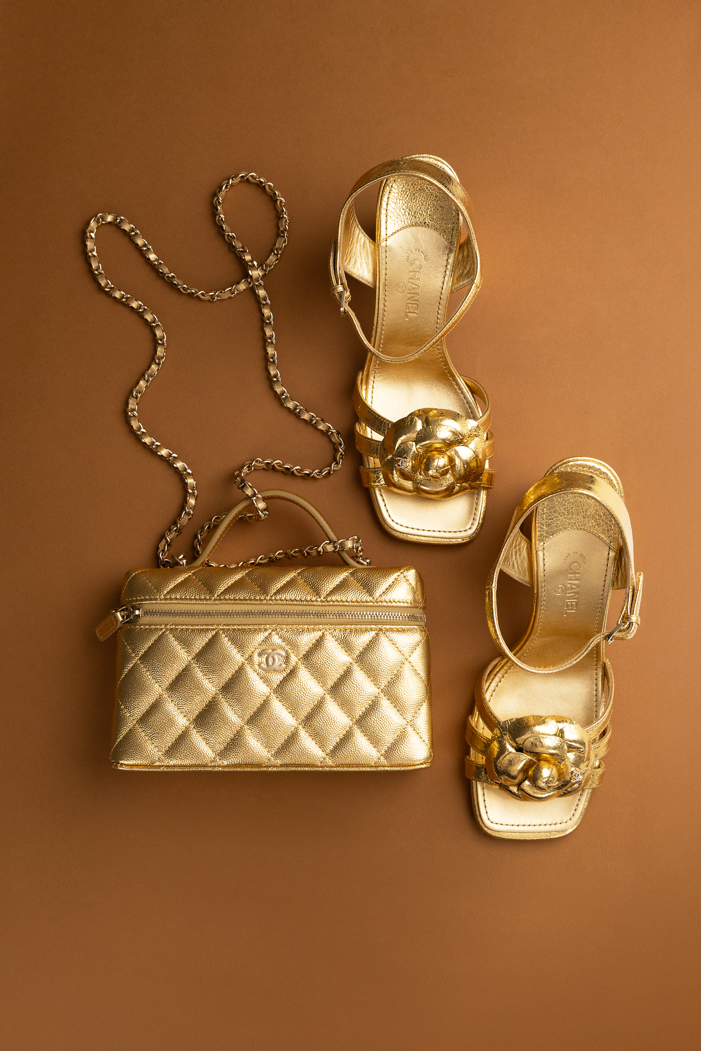 Chanel Vanity Case with Chain & Camellia Sandals in Metallic Gold