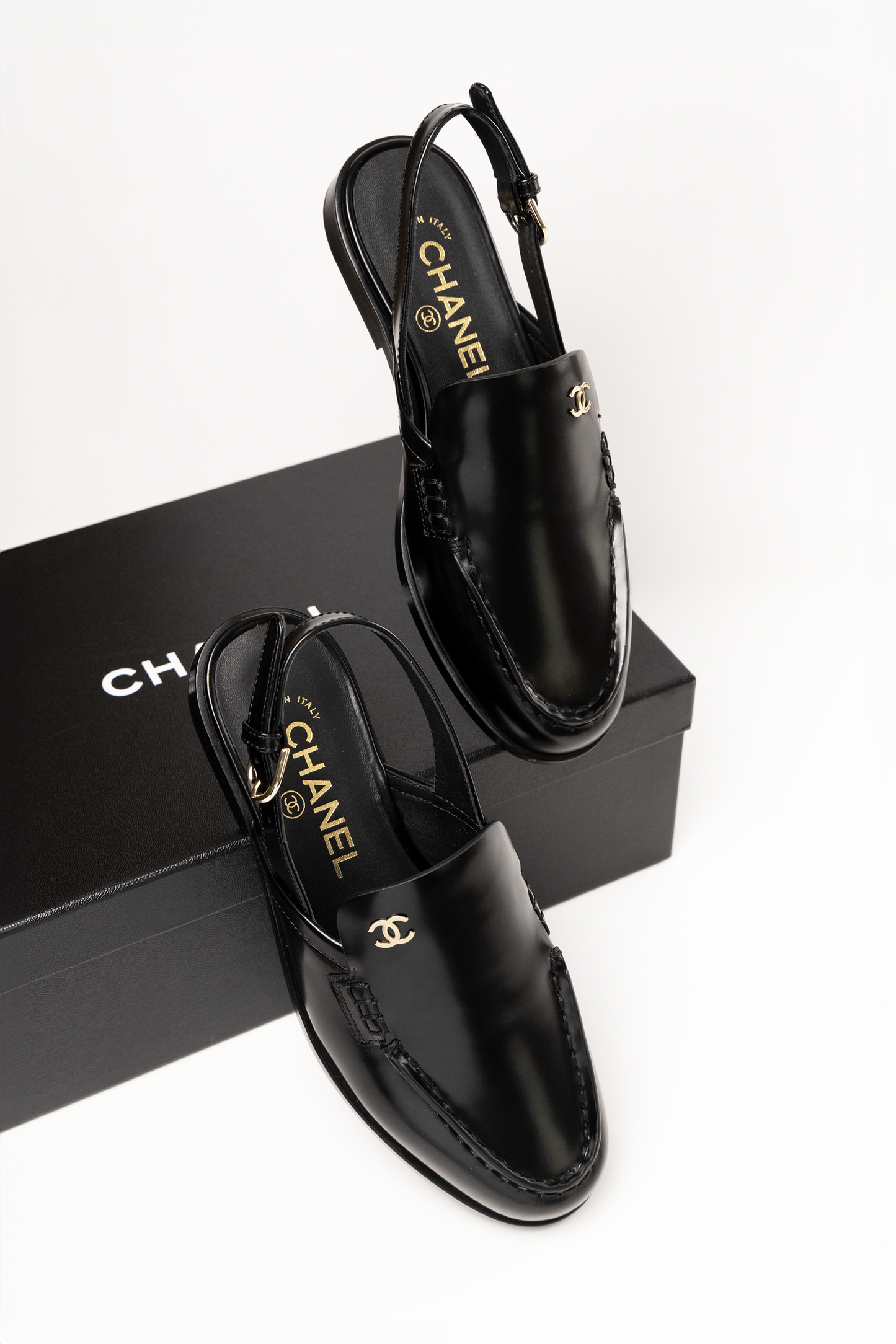 Chanel Black Leather Slingback Loafers