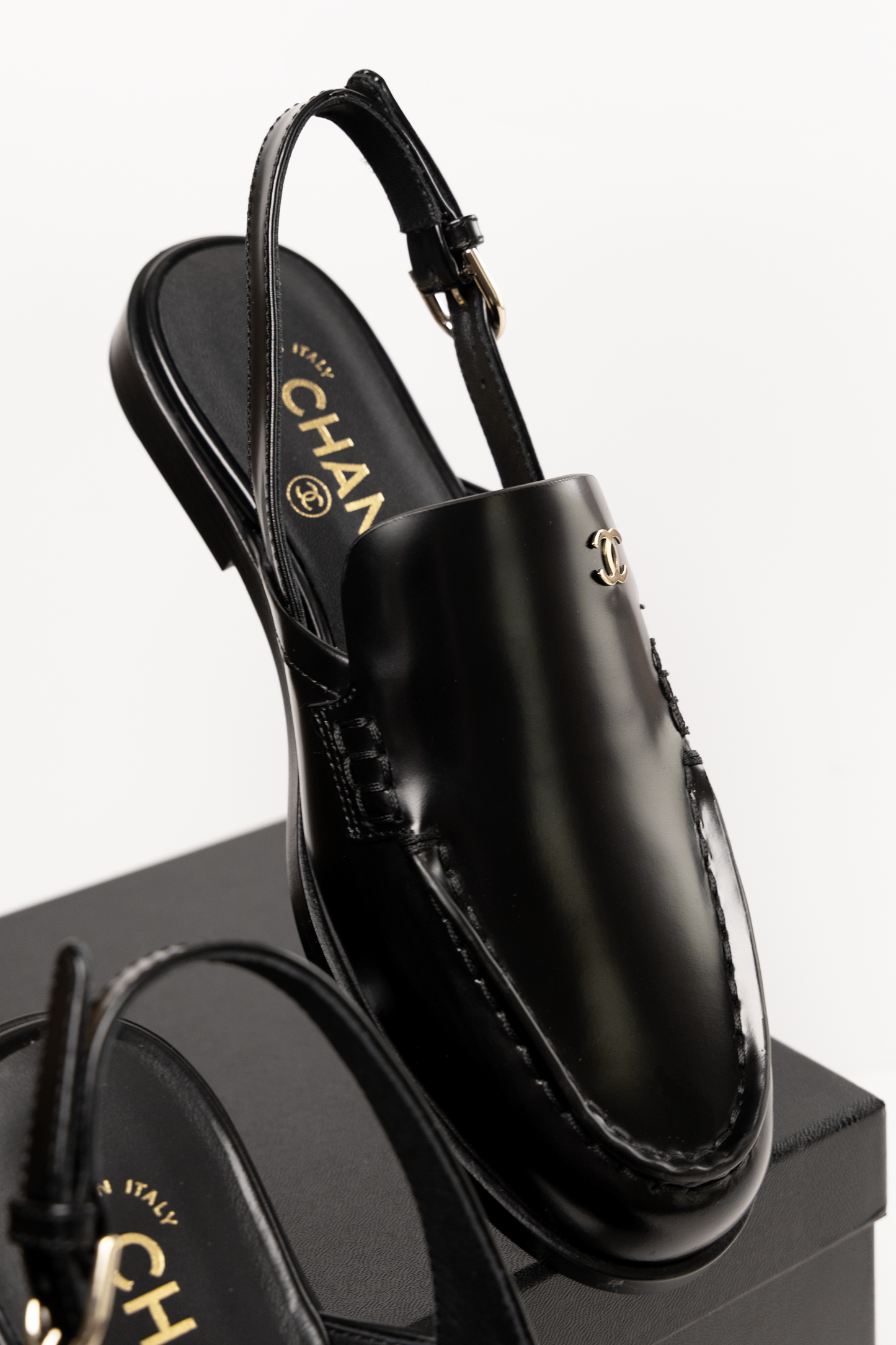 Chanel Black Leather Slingback Loafers
