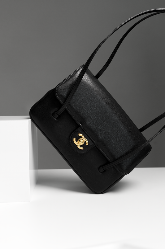 Chanel Small Caviar Black Flap Bag with Long Leather Straps