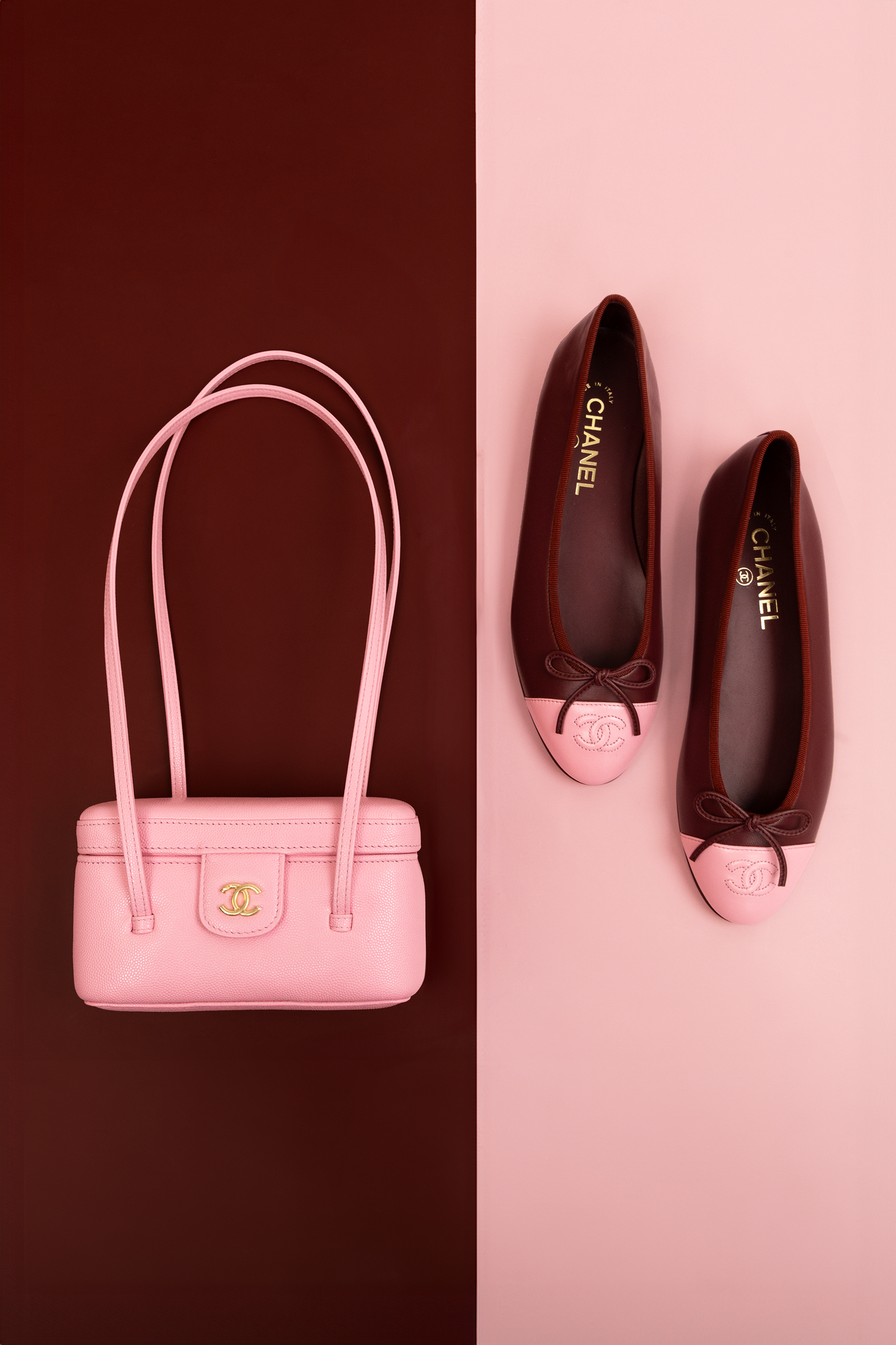 Chanel Long Vanity with Leather Straps in Rose with Ballet Flats in Burgundy/Rose