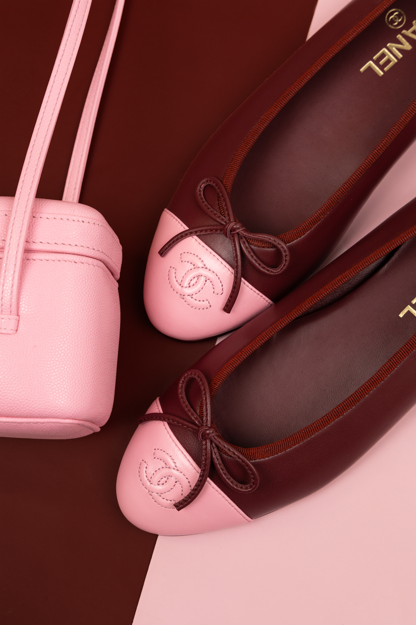 Chanel Long Vanity with Leather Straps in Rose with Ballet Flats in Burgundy/Rose