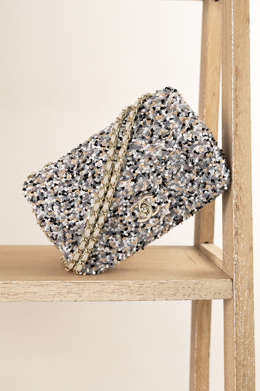 Chanel Mini Sequin Flap Bag in Gray, Black, White & Pearly White
