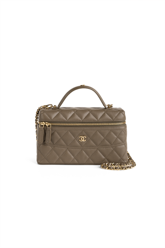 Chanel Vanity Case with Top Handle & Chain in Khaki