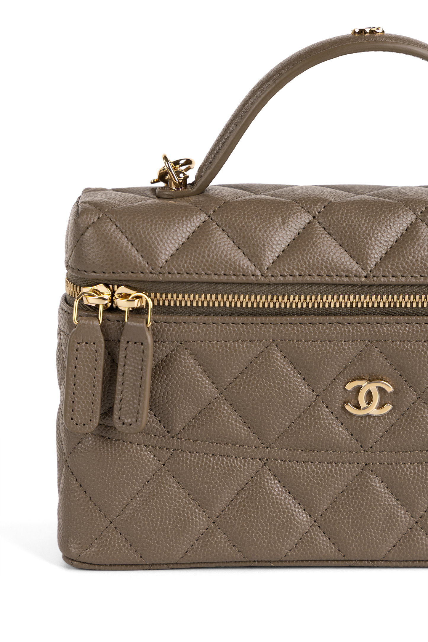Chanel Vanity Case with Top Handle & Chain in Khaki