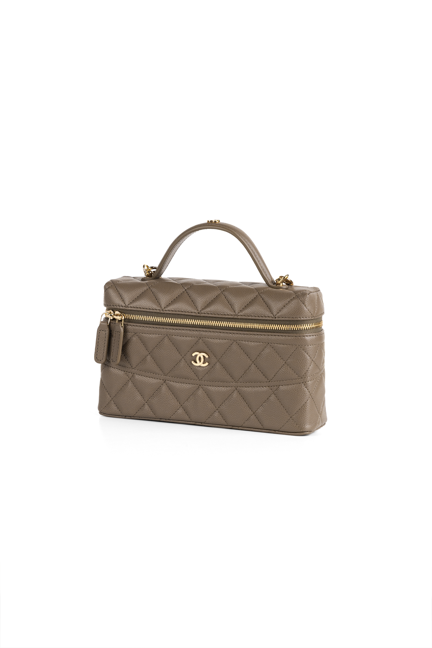 Chanel Vanity Case with Top Handle & Chain in Khaki