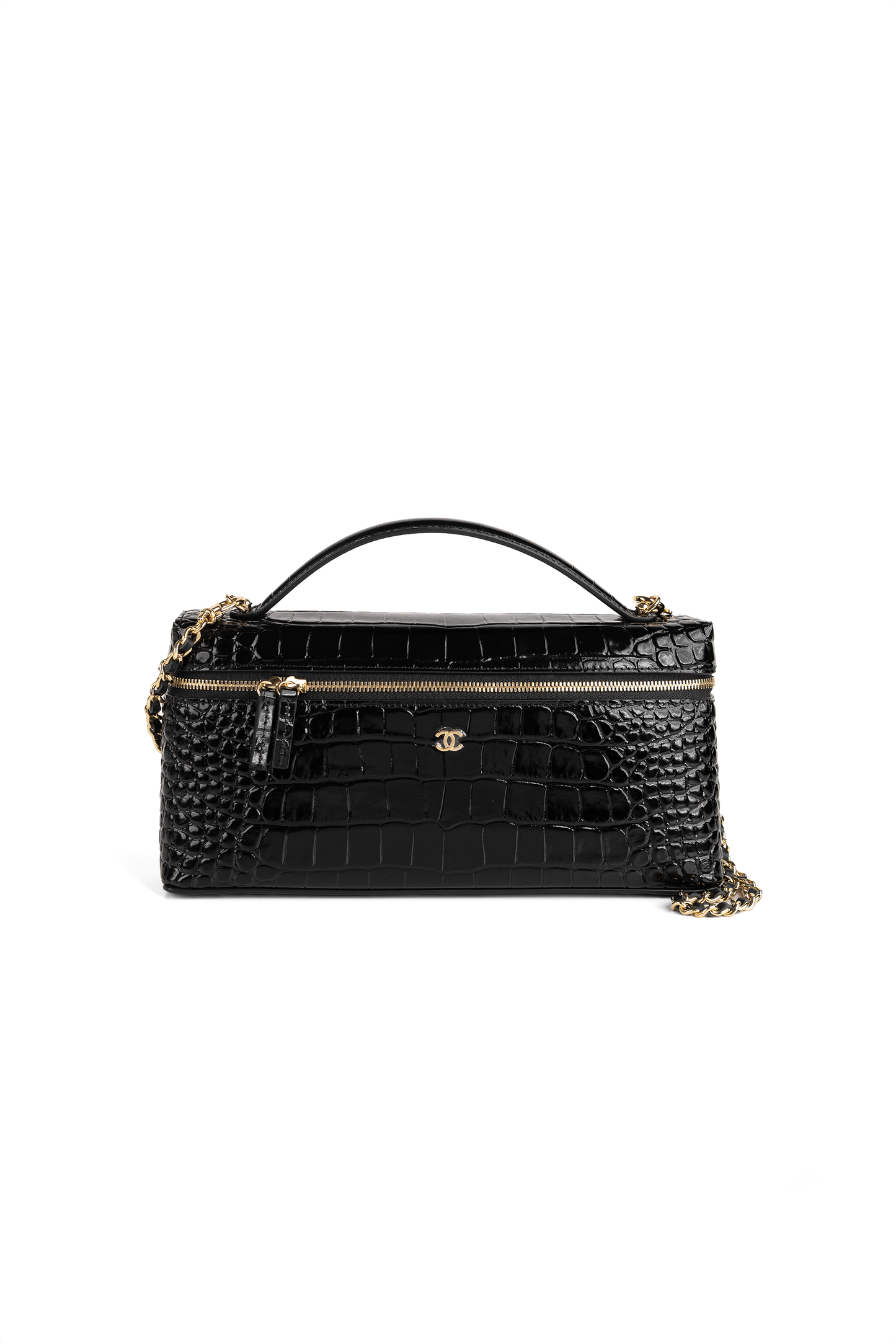 Chanel Black Crocodile Embossed Vanity Case with Chain