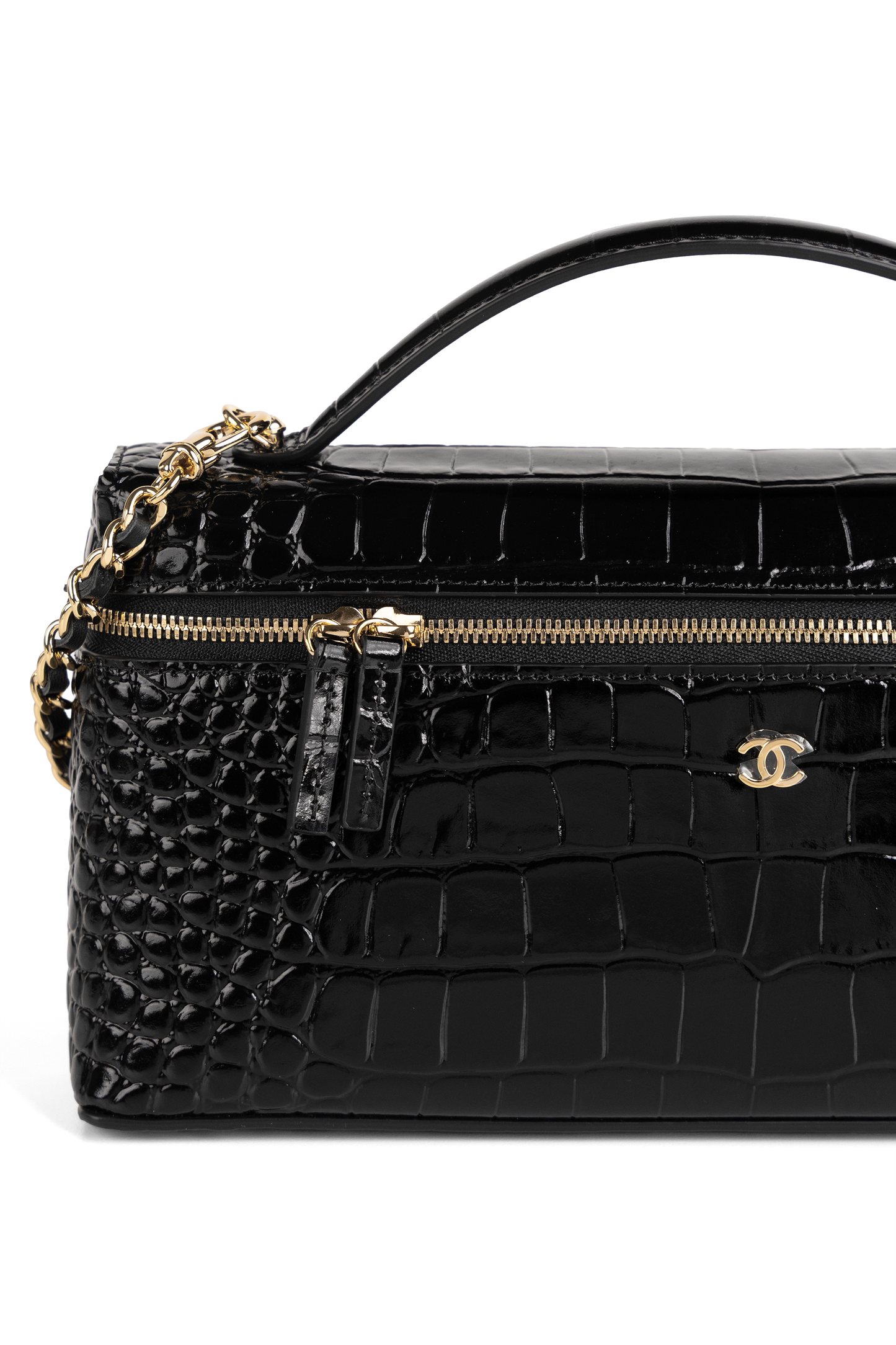 Chanel Black Crocodile Embossed Vanity Case with Chain