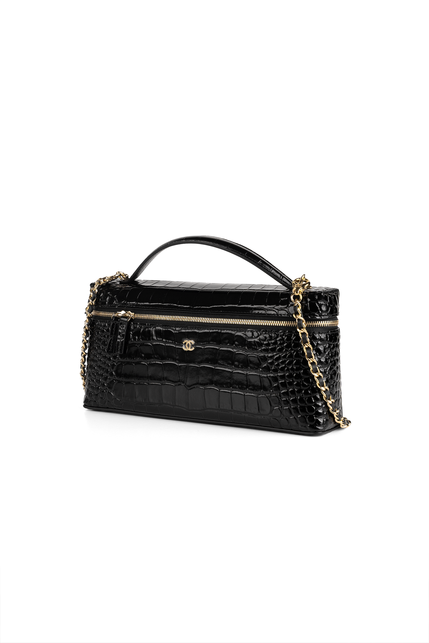 Chanel Black Crocodile Embossed Vanity Case with Chain