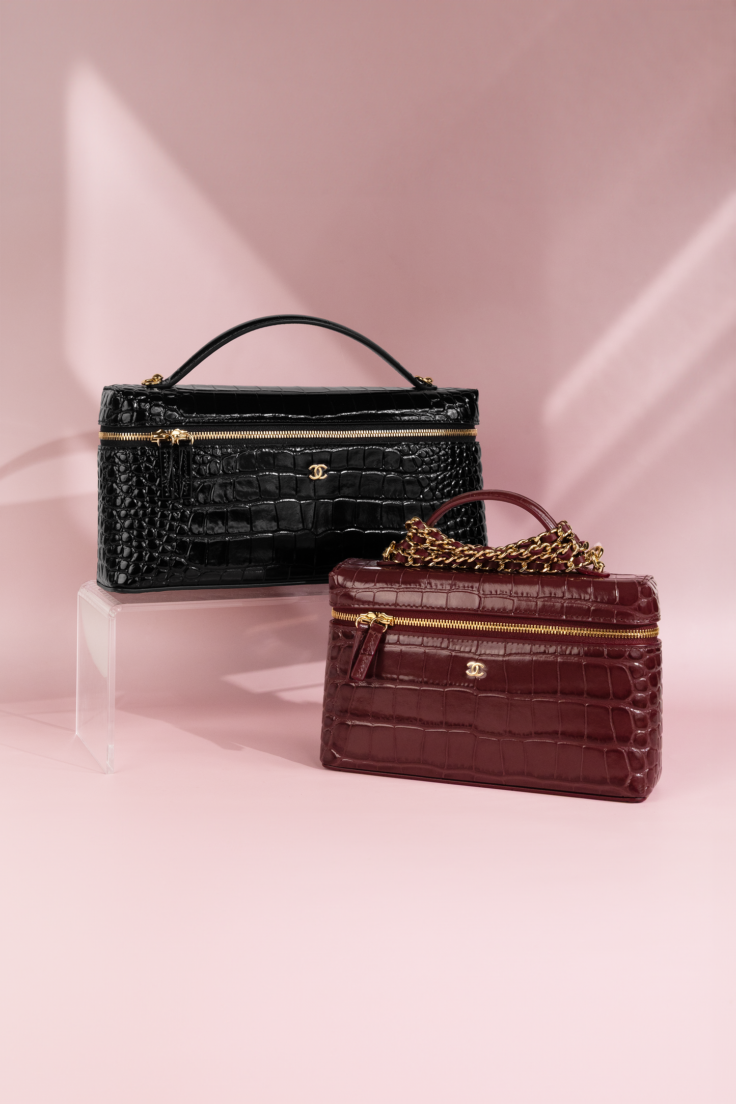 Chanel Black & Burgundy Crocodile Embossed Vanity Case with Chain