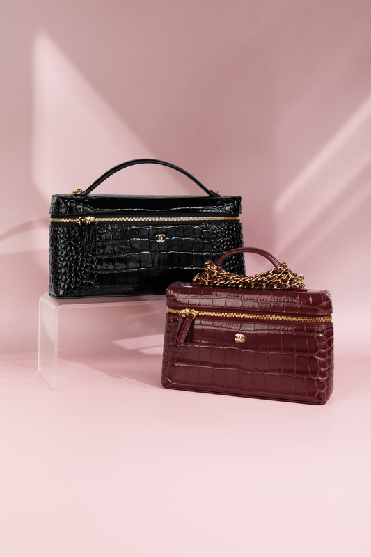 Chanel Black & Burgundy Crocodile Embossed Vanity Case with Chain