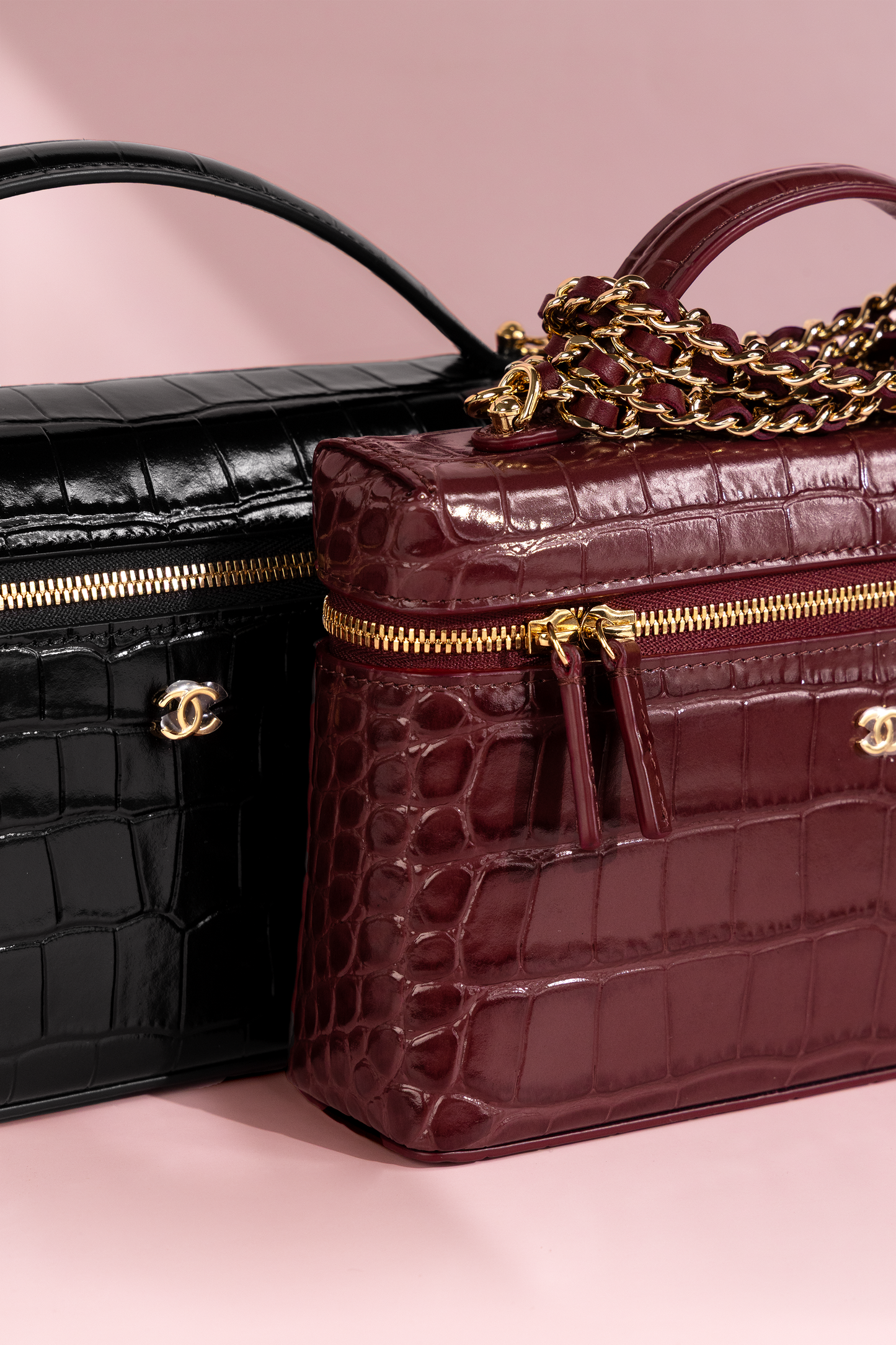 Chanel Black & Burgundy Crocodile Embossed Vanity Case with Chain