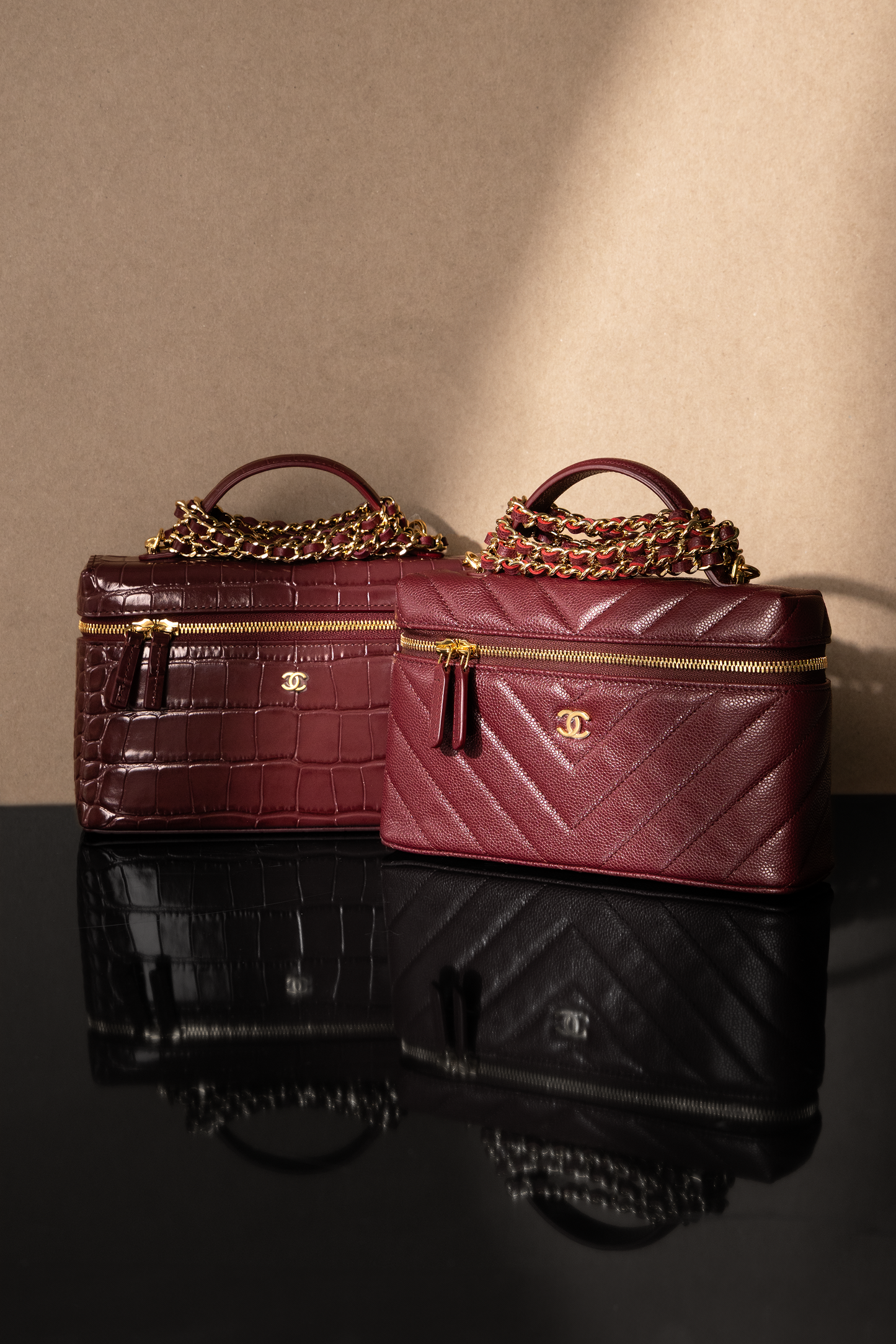 Chanel Burgundy Crocodile Embossed & Caviar Vanity Case with Chain