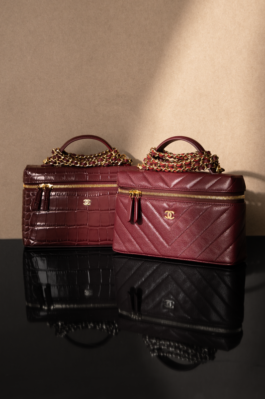 Chanel Burgundy Crocodile Embossed & Caviar Vanity Case with Chain