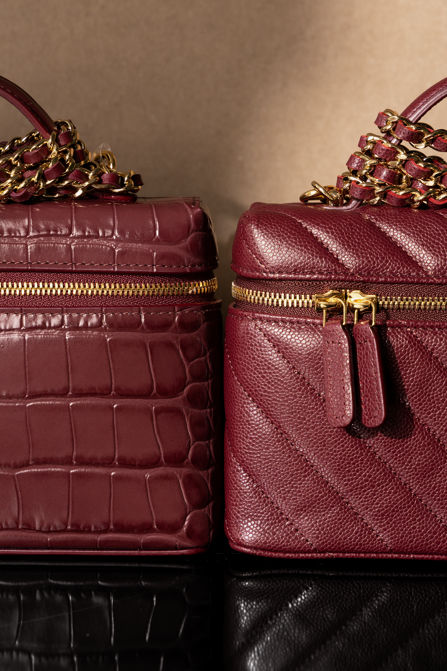 Chanel Burgundy Crocodile Embossed & Caviar Vanity Case with Chain