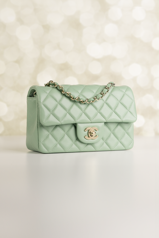 Chanel Mini Classic Lambskin Flap Bag in Light Green