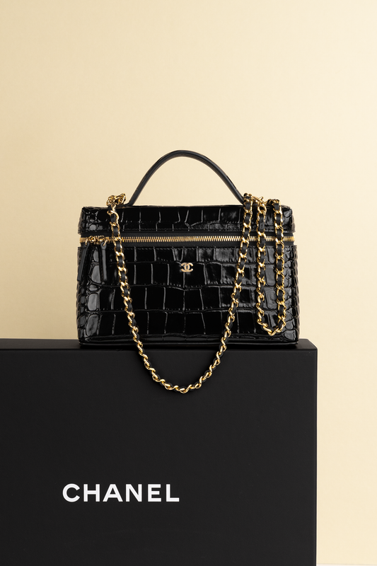 Chanel Black Crocodile Embossed Vanity Case with Chain