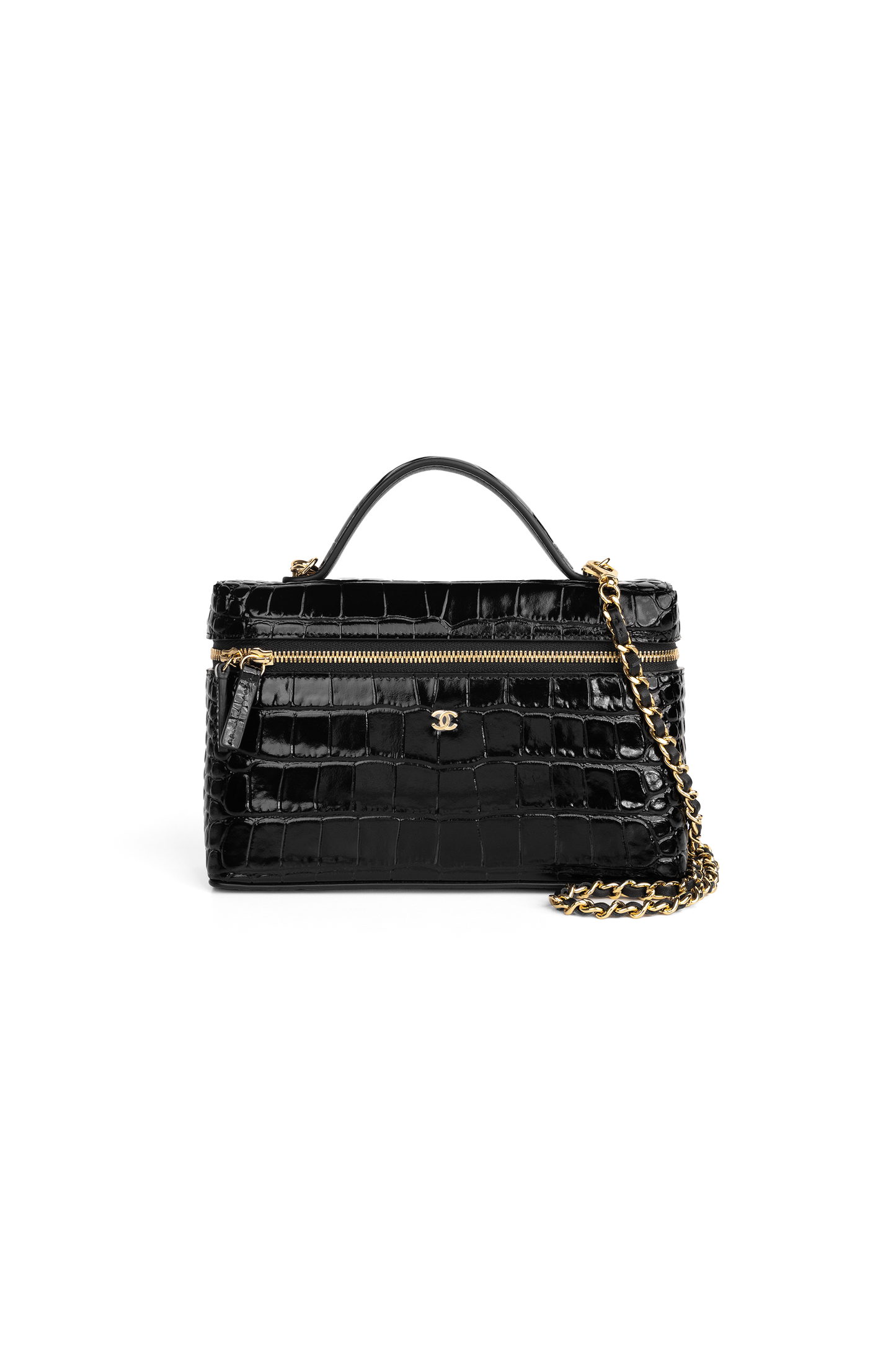 Chanel Black Crocodile Embossed Vanity Case with Chain