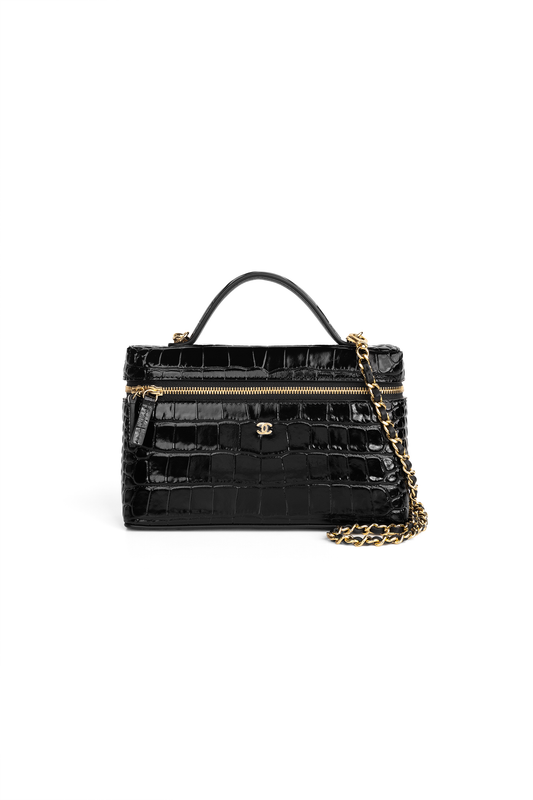 Chanel Black Crocodile Embossed Vanity Case with Chain