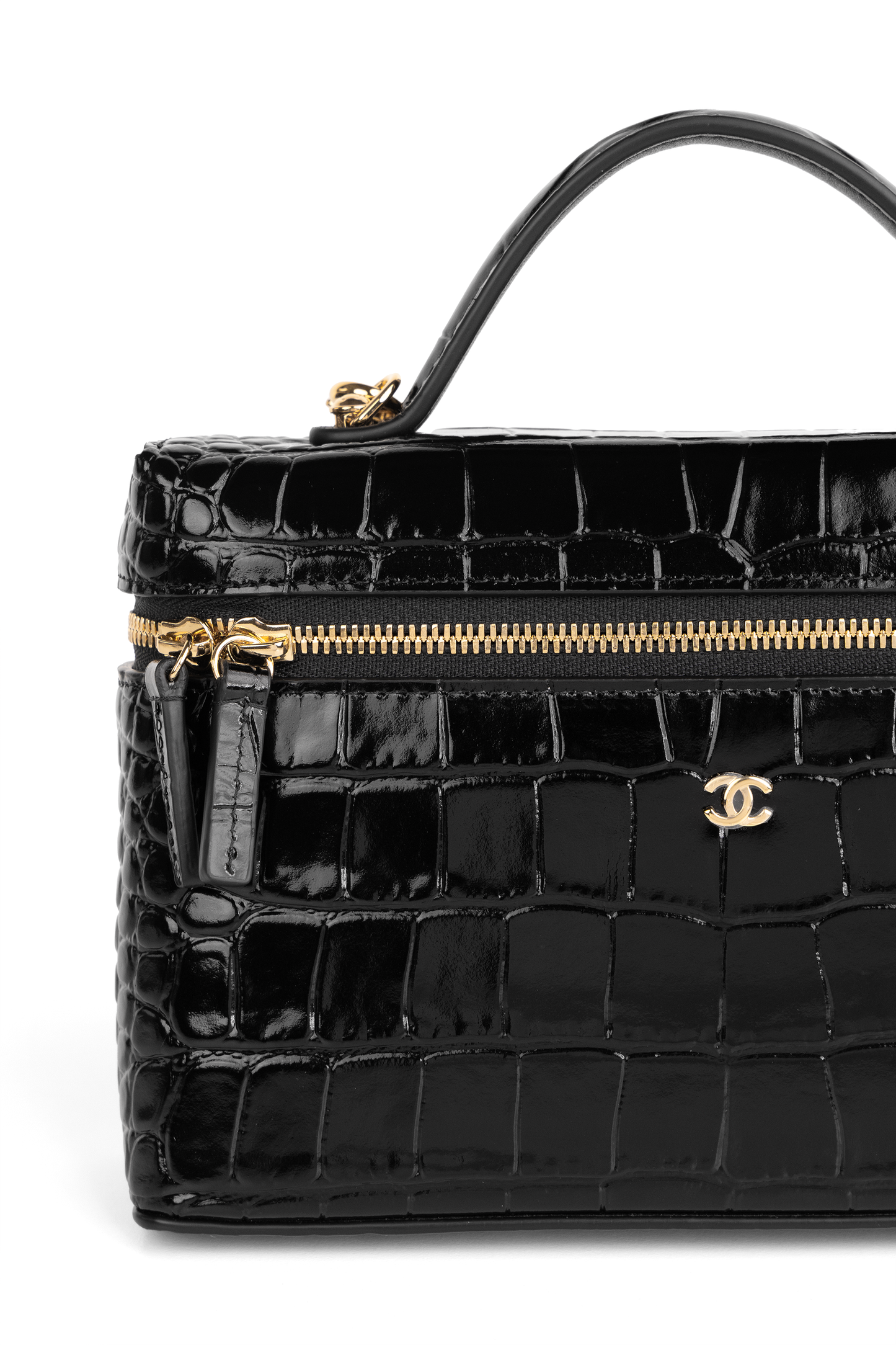 Chanel Black Crocodile Embossed Vanity Case with Chain