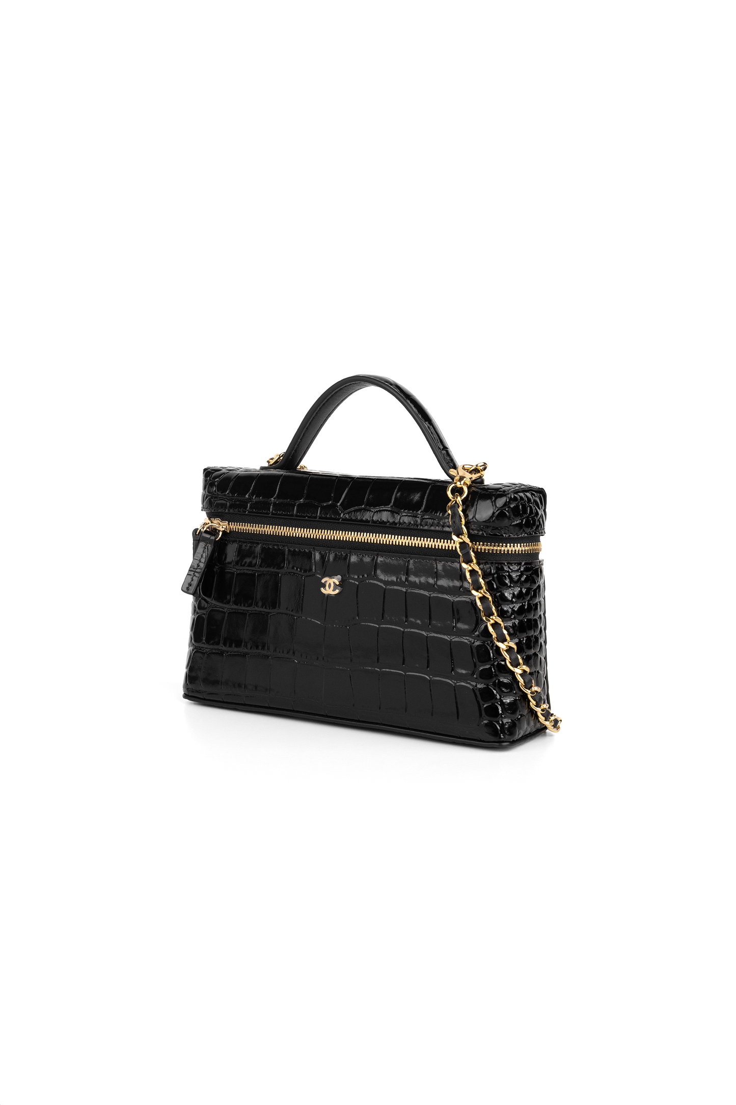 Chanel Black Crocodile Embossed Vanity Case with Chain