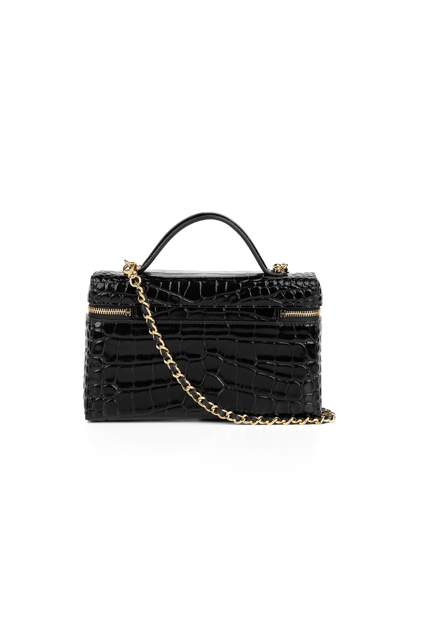 Chanel Black Crocodile Embossed Vanity Case with Chain