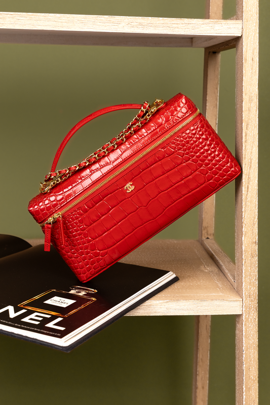 Chanel Red Crocodile Embossed Vanity Case with Chain