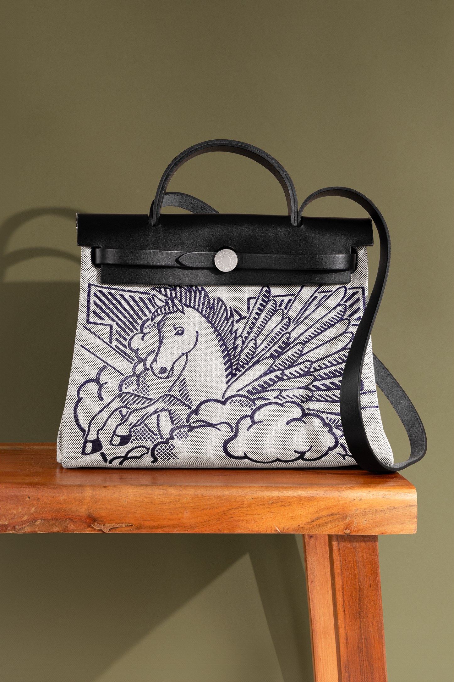 Hermès Herbag 31 Pegasus in Toile Black/Ecru/Blue Indigo