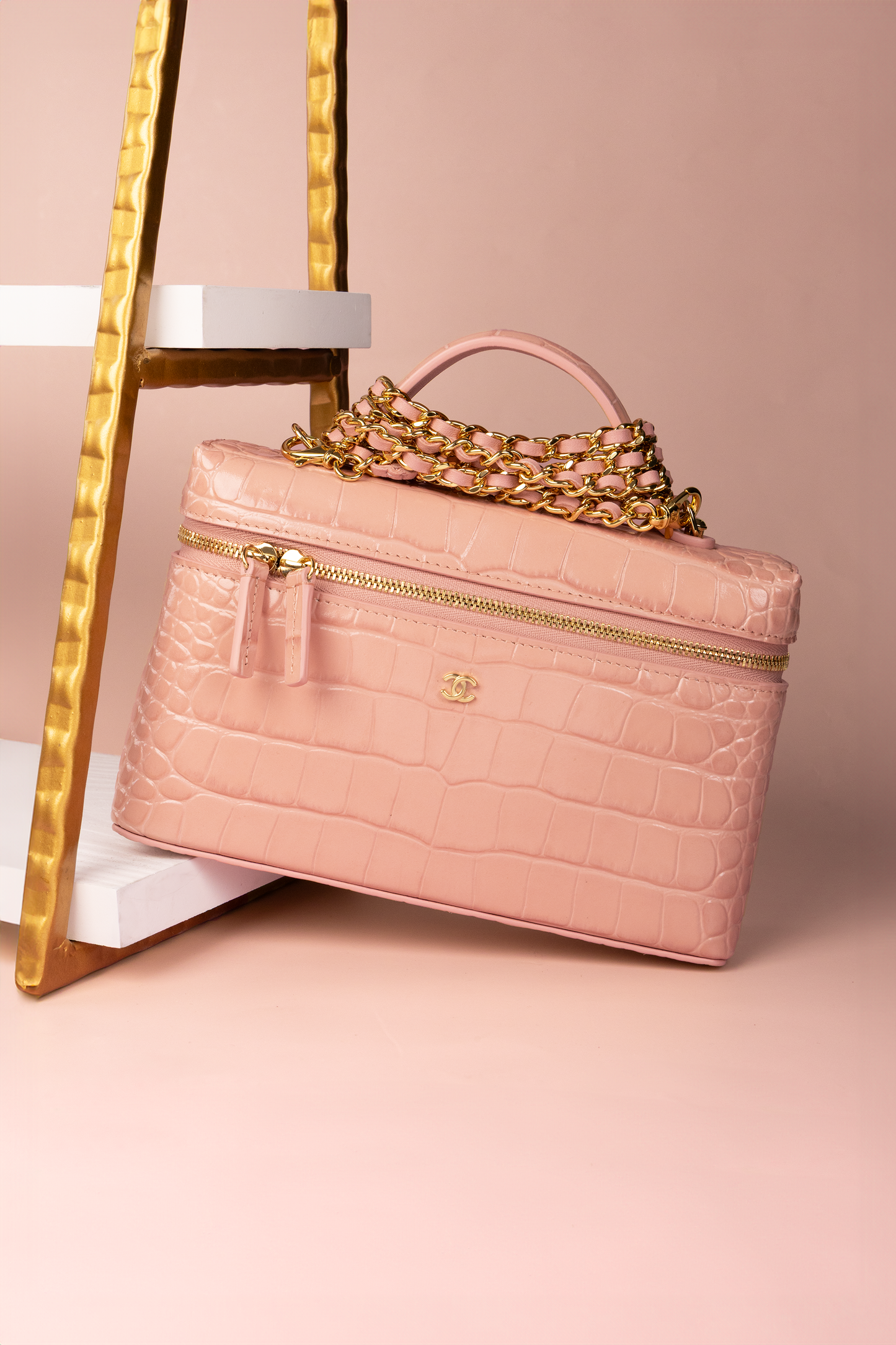 Chanel Rose Crocodile Embossed Vanity Case with Chain