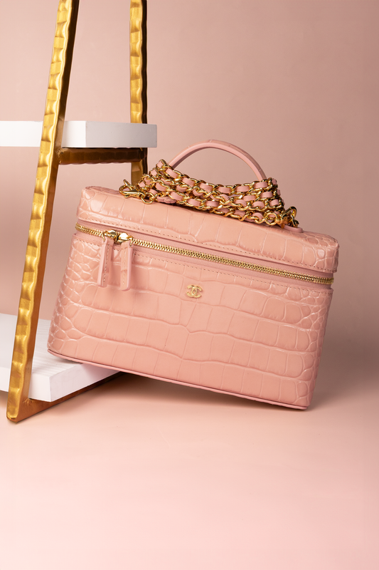 Chanel Rose Crocodile Embossed Vanity Case with Chain