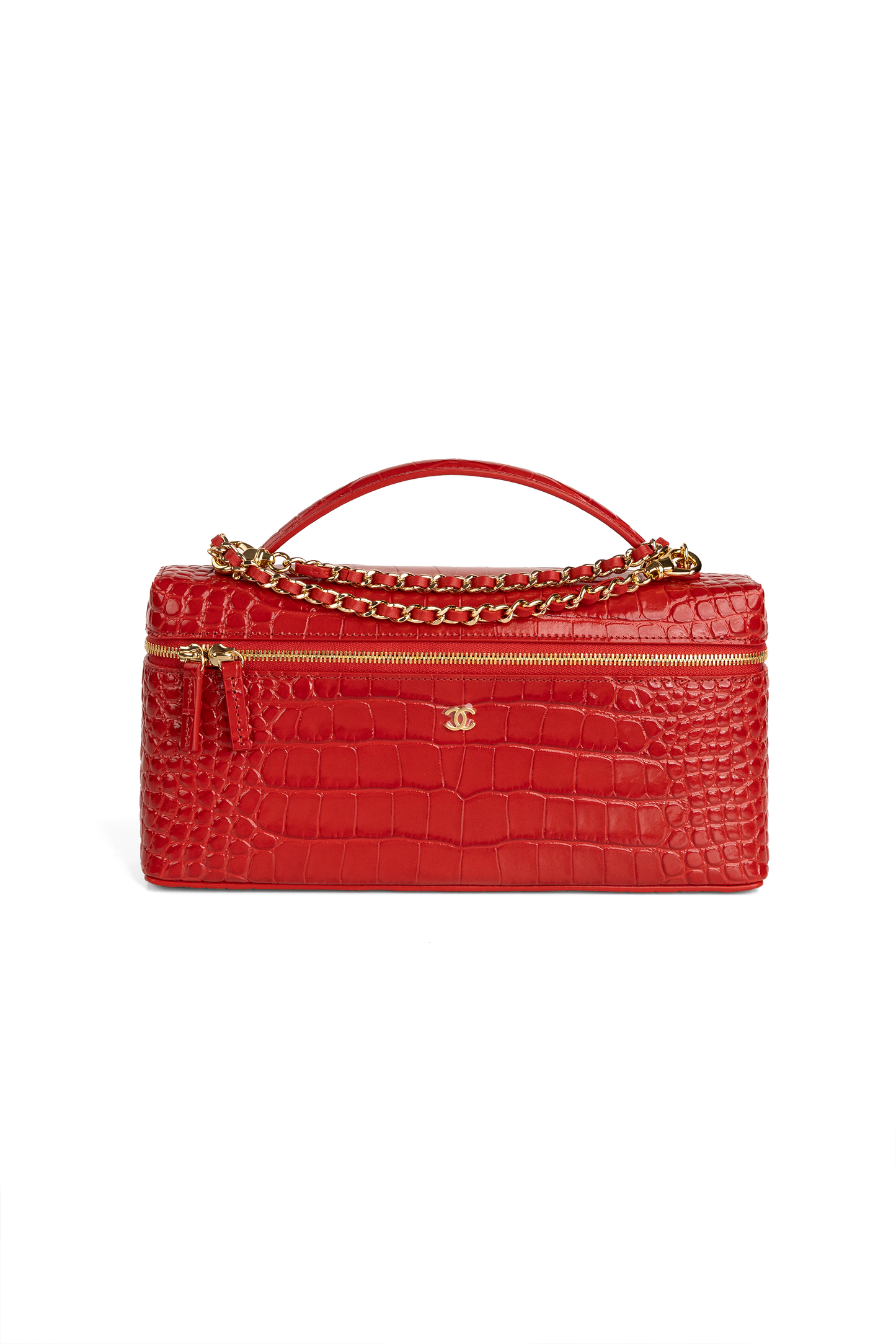 Chanel Red Crocodile Embossed Vanity Case with Chain