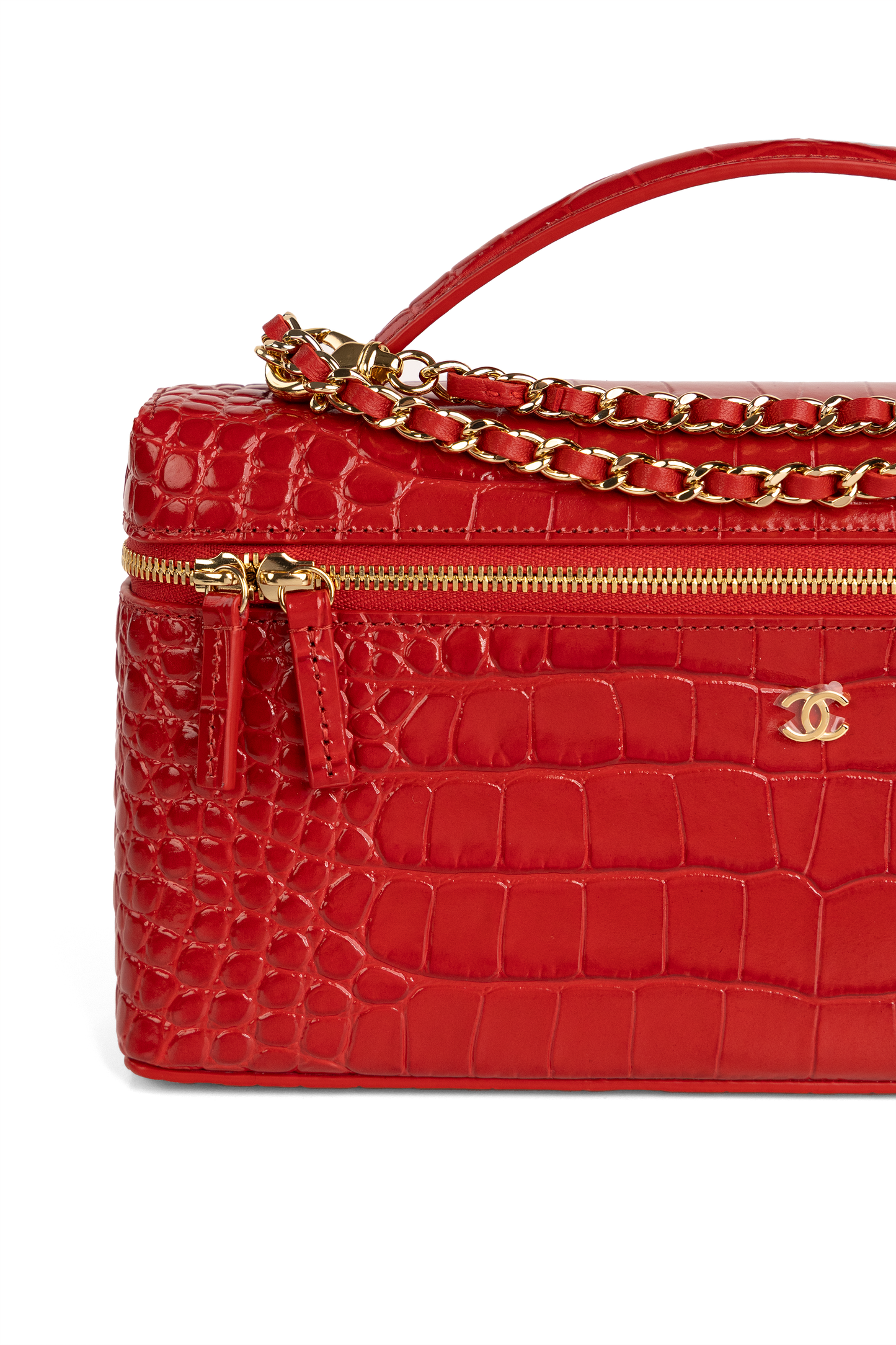 Chanel Red Crocodile Embossed Vanity Case with Chain