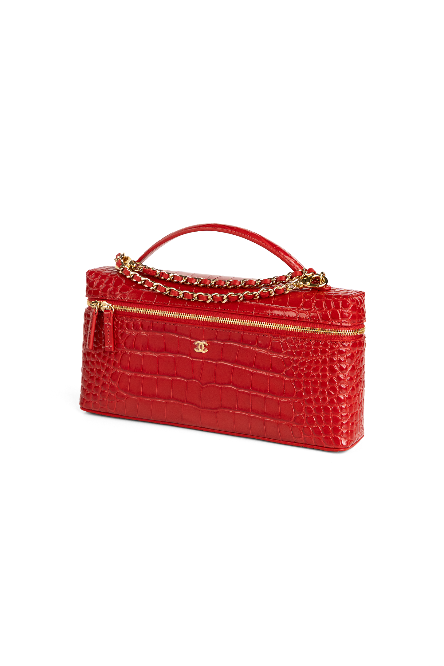 Chanel Red Crocodile Embossed Vanity Case with Chain