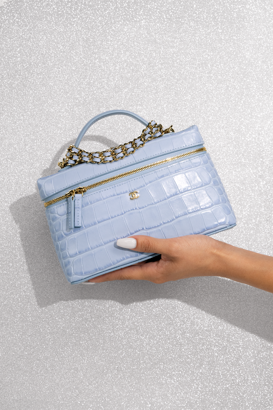 Chanel Light Blue Crocodile Embossed Vanity Case with Chain