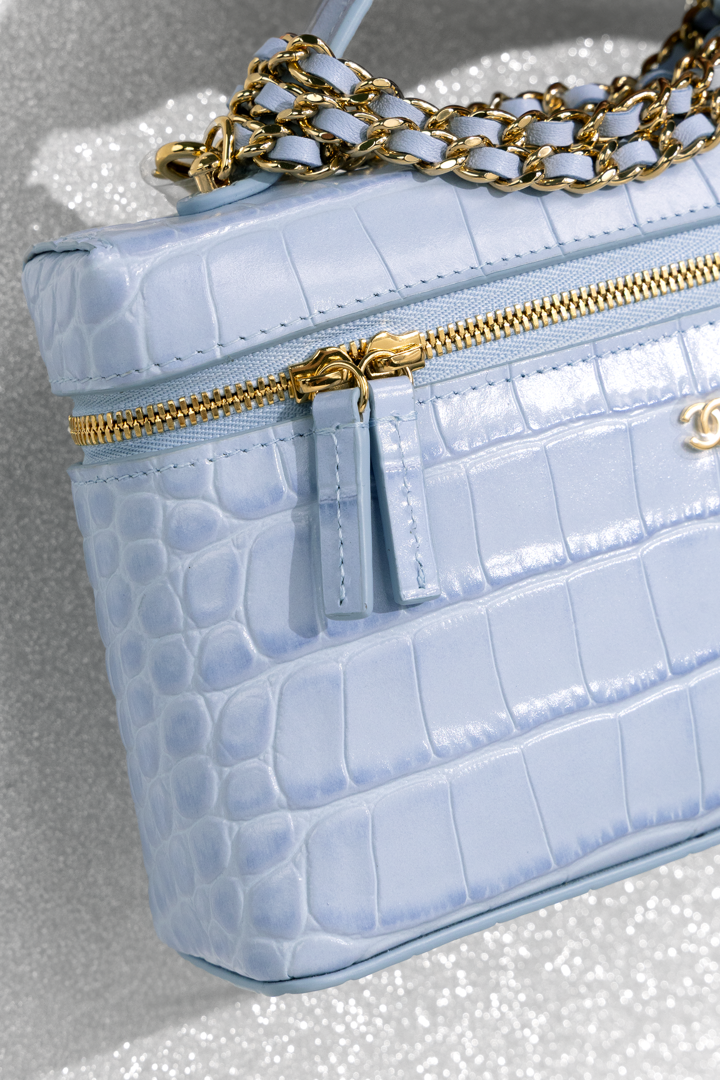 Chanel Light Blue Crocodile Embossed Vanity Case with Chain