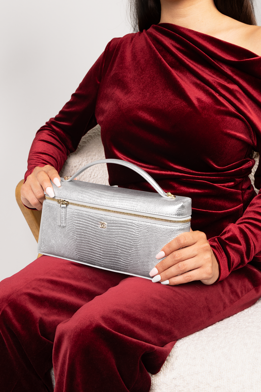 Chanel Silver Lizard Vanity Case with Chain