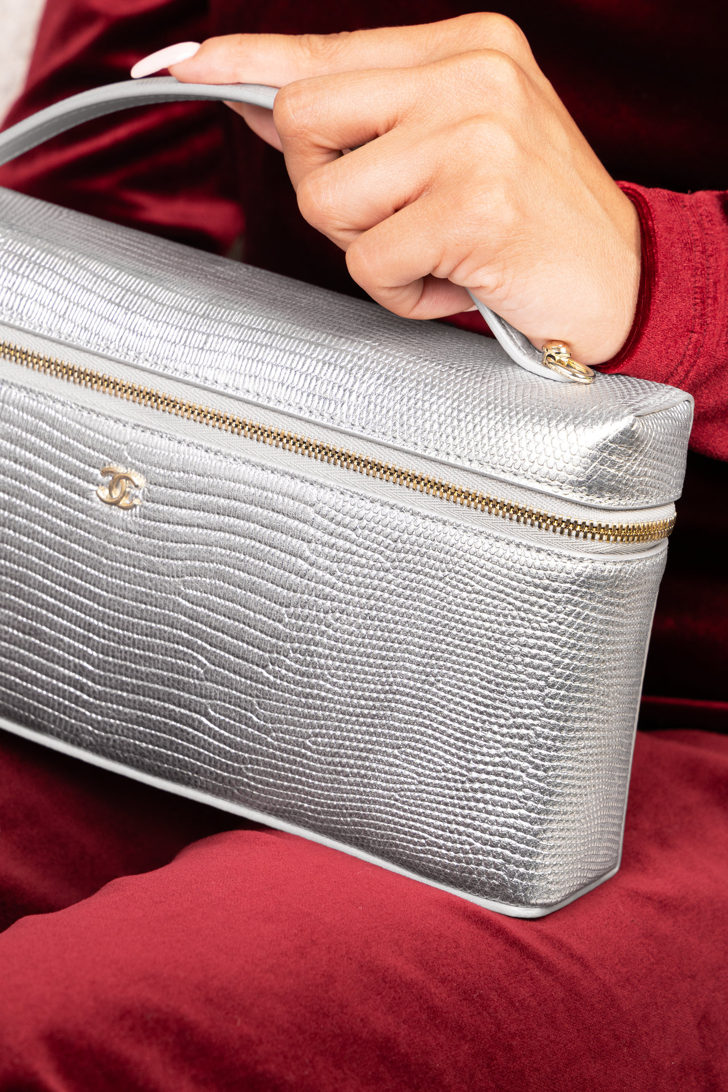 Chanel Silver Lizard Vanity Case with Chain