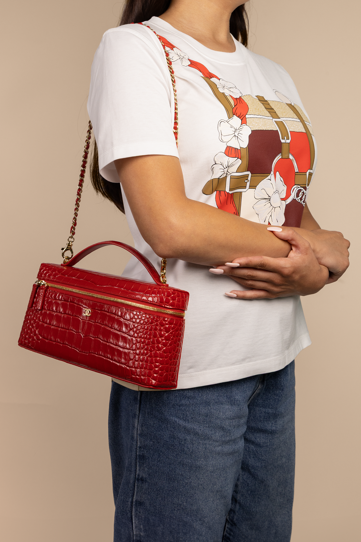 Chanel Red Crocodile Embossed Vanity Case with Chain