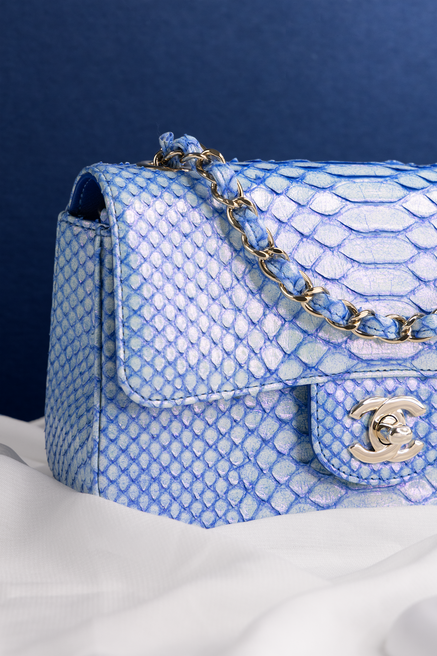Chanel Blue Iridescent Mini Python Flap Bag