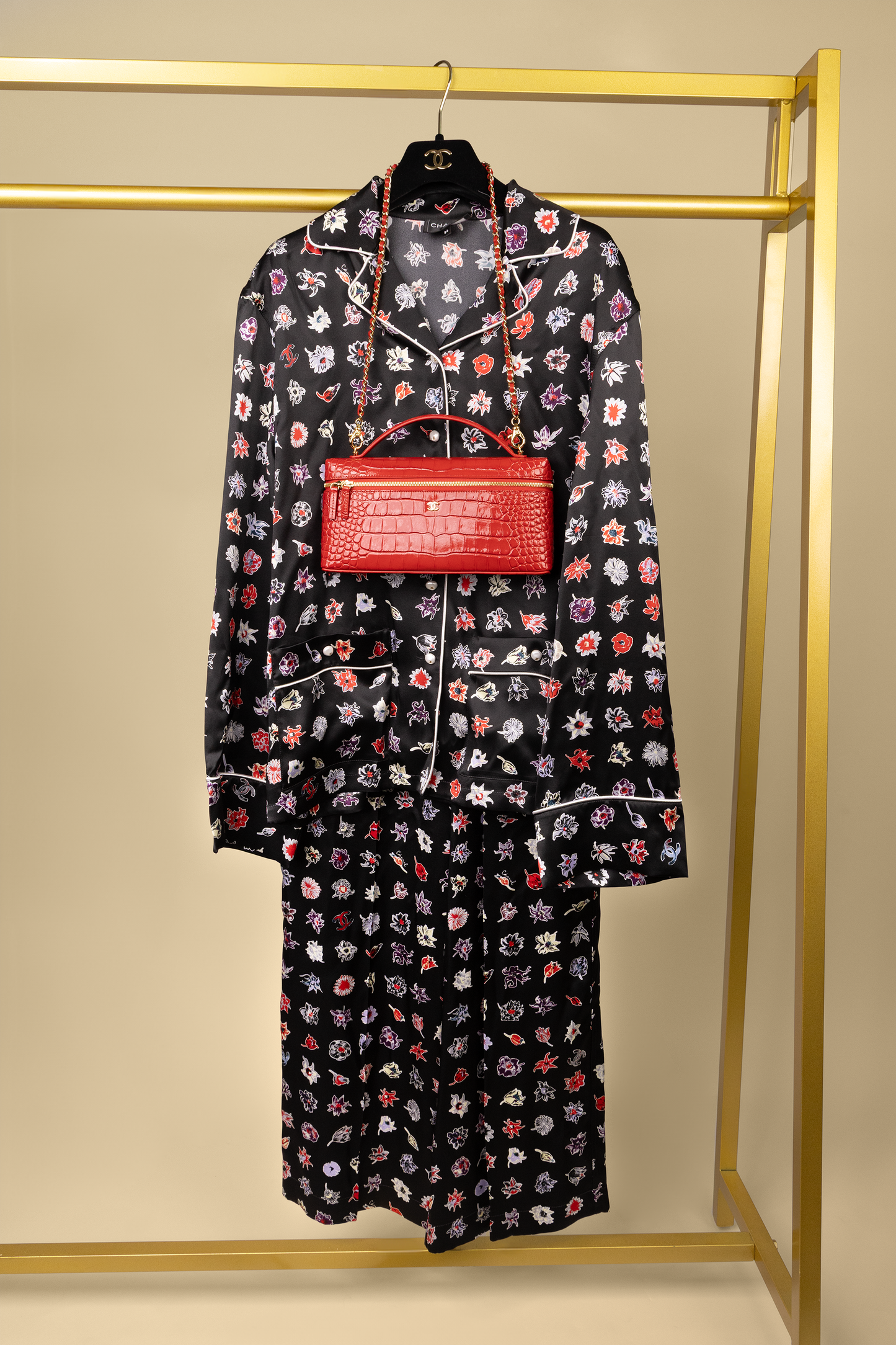 Chanel Silk Stamped Pajama Set & Red Crocodile Embossed Vanity Case with Chain