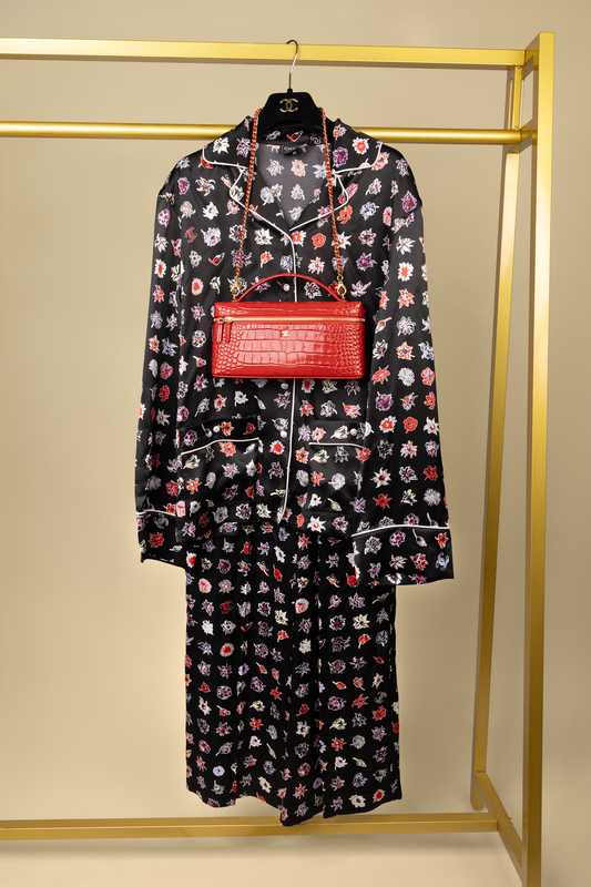 Chanel Silk Stamped Pajama Set & Red Crocodile Embossed Vanity Case with Chain